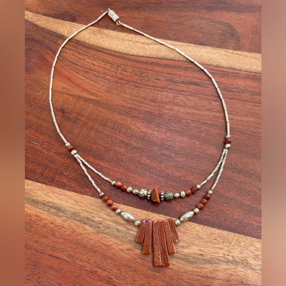 Vintage Sterling Silver Southwestern Beaded Liquid Silver & Coral Necklace
